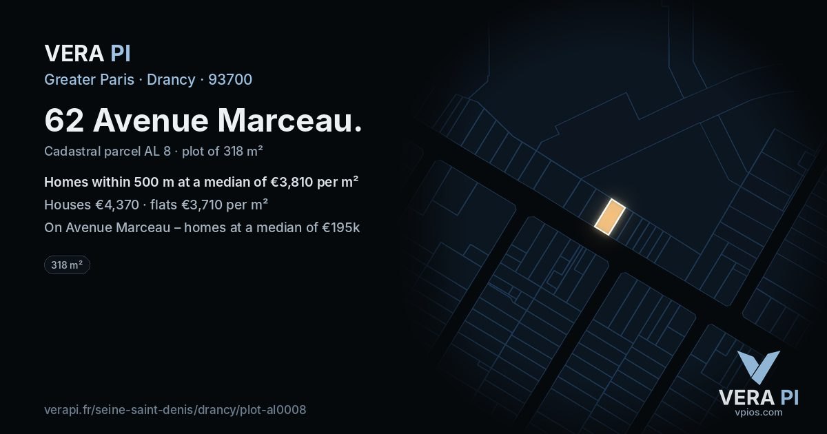62 Avenue Marceau, Drancy at night – the plot lit, the parcels around coloured by the prices near them
