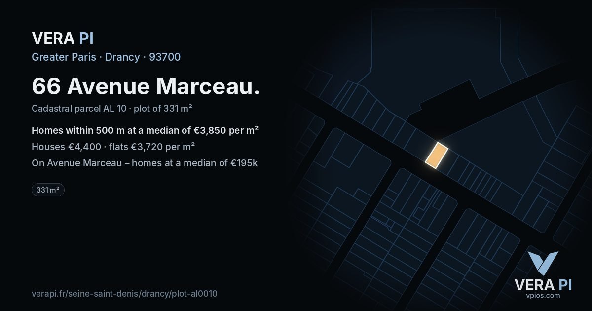 66 Avenue Marceau, Drancy at night – the plot lit, the parcels around coloured by the prices near them