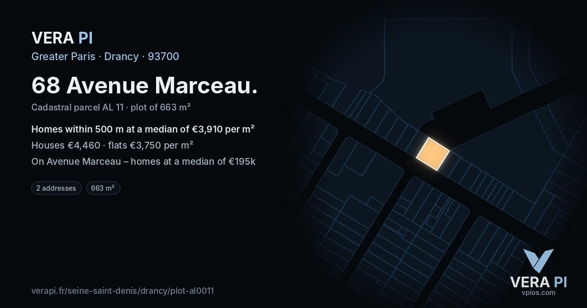 68 Avenue Marceau, Drancy at night – the plot lit, the parcels around coloured by the prices near them