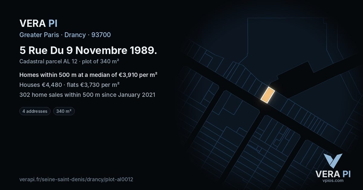 5 Rue Du 9 Novembre 1989, Drancy at night – the plot lit, the parcels around coloured by the prices near them