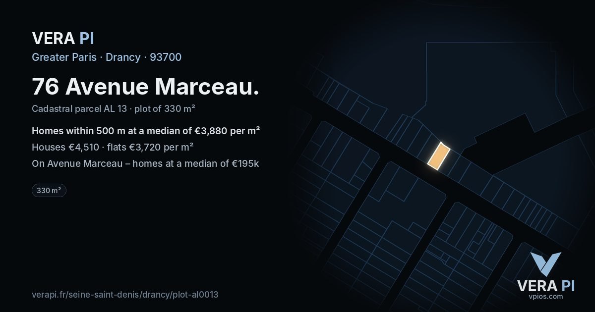 76 Avenue Marceau, Drancy at night – the plot lit, the parcels around coloured by the prices near them