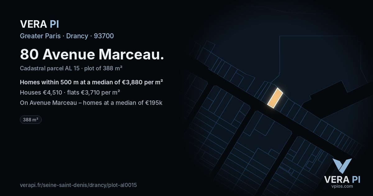 80 Avenue Marceau, Drancy at night – the plot lit, the parcels around coloured by the prices near them