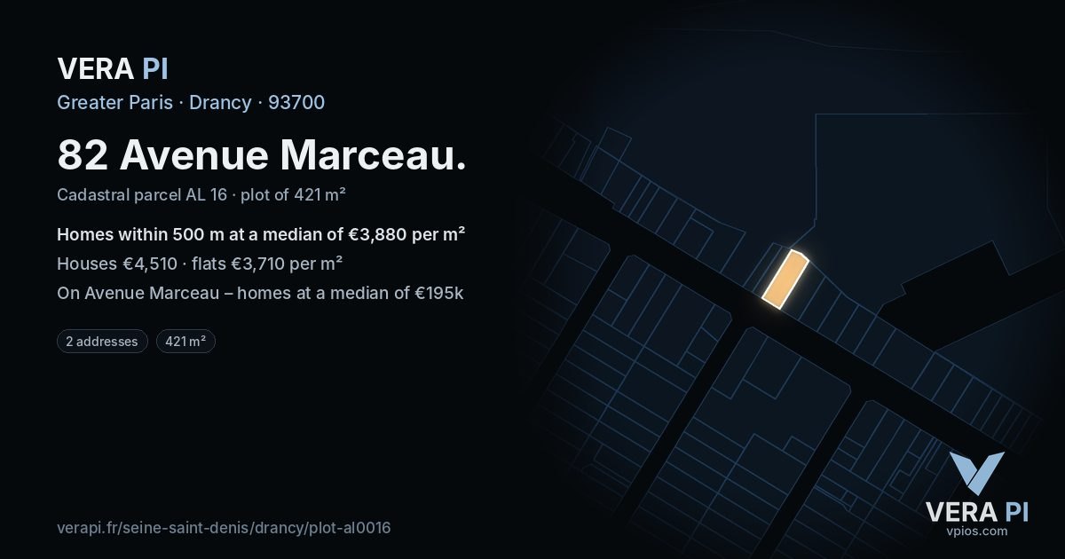 82 Avenue Marceau, Drancy at night – the plot lit, the parcels around coloured by the prices near them