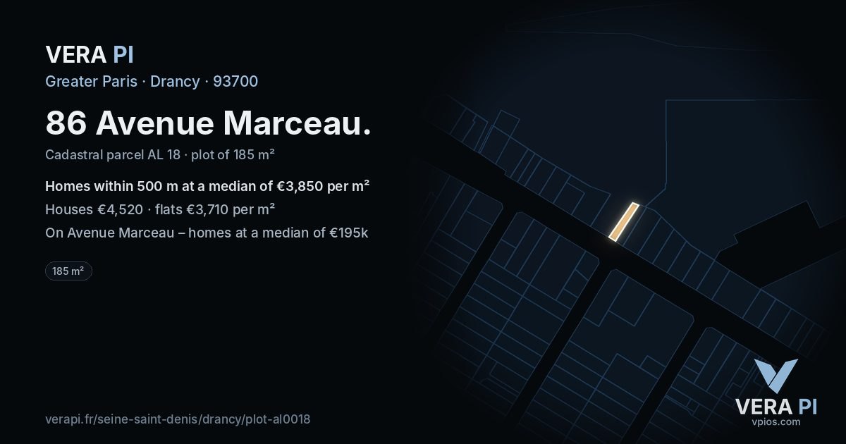86 Avenue Marceau, Drancy at night – the plot lit, the parcels around coloured by the prices near them