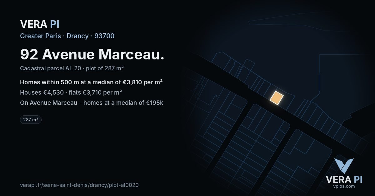 92 Avenue Marceau, Drancy at night – the plot lit, the parcels around coloured by the prices near them