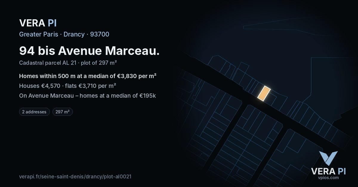 94 bis Avenue Marceau, Drancy at night – the plot lit, the parcels around coloured by the prices near them