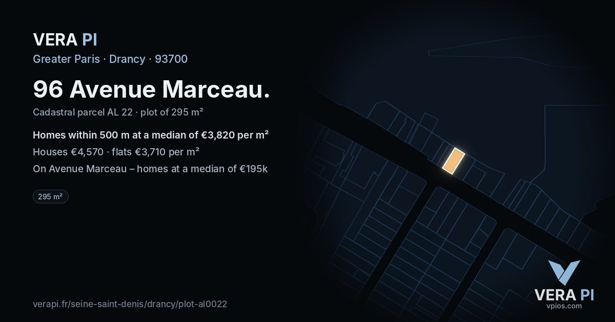 96 Avenue Marceau, Drancy at night – the plot lit, the parcels around coloured by the prices near them