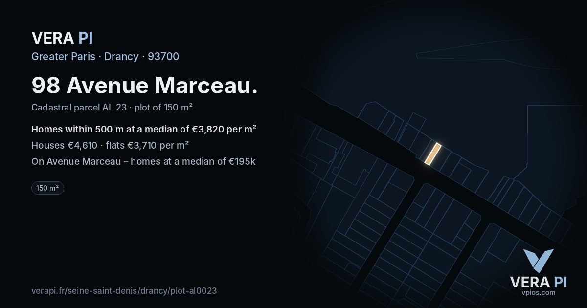 98 Avenue Marceau, Drancy at night – the plot lit, the parcels around coloured by the prices near them