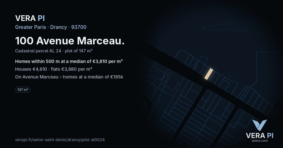 100 Avenue Marceau, Drancy at night – the plot lit, the parcels around coloured by the prices near them