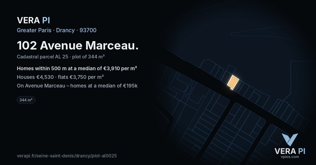 102 Avenue Marceau, Drancy at night – the plot lit, the parcels around coloured by the prices near them