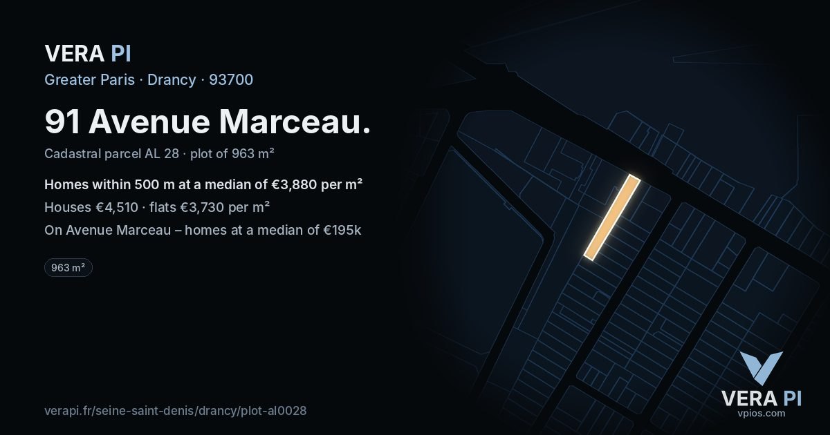 91 Avenue Marceau, Drancy at night – the plot lit, the parcels around coloured by the prices near them