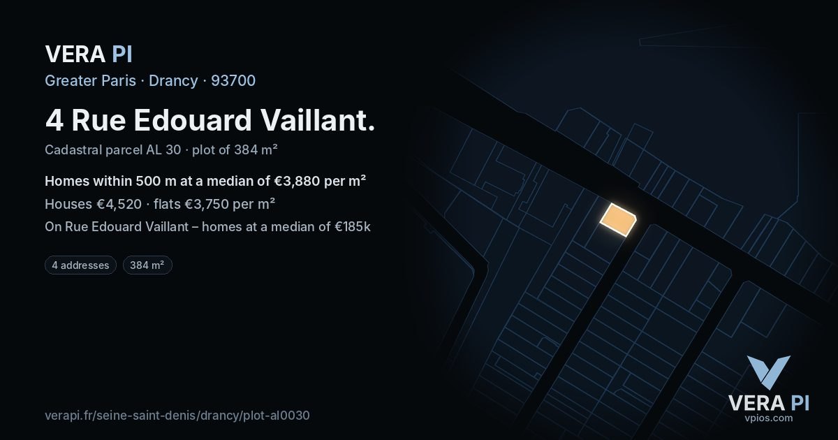 4 Rue Edouard Vaillant, Drancy at night – the plot lit, the parcels around coloured by the prices near them