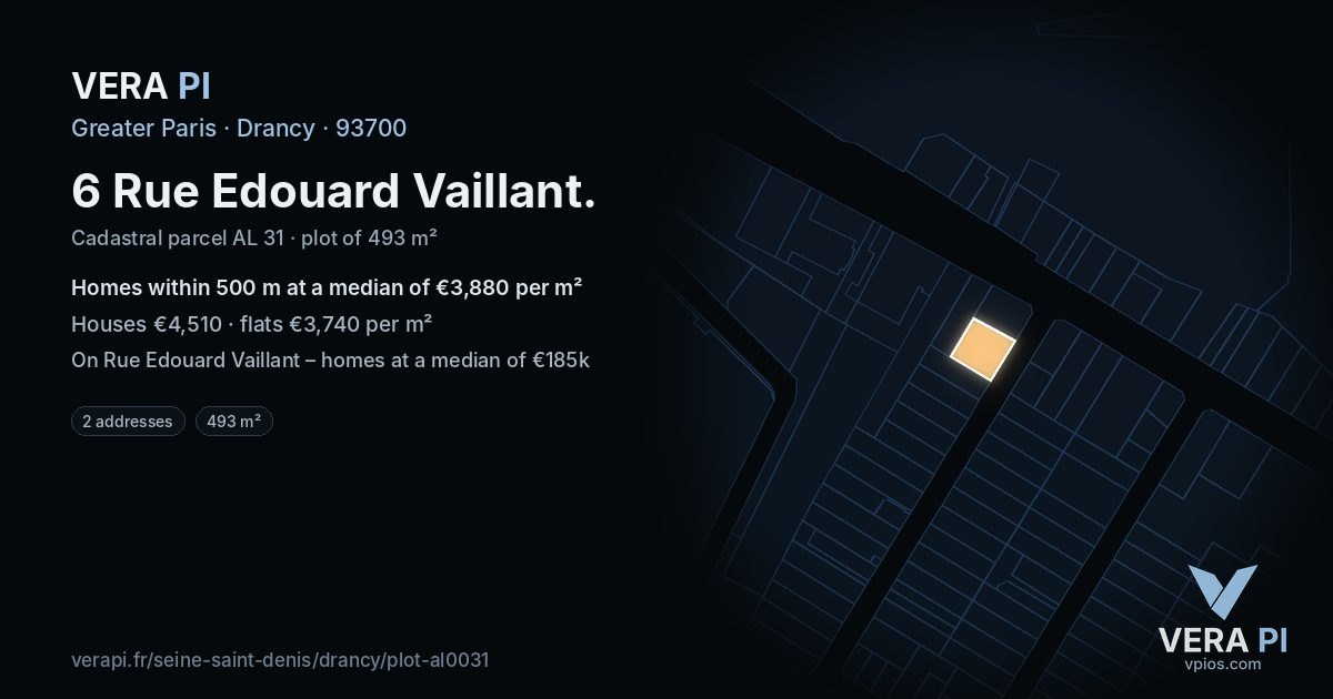 6 Rue Edouard Vaillant, Drancy at night – the plot lit, the parcels around coloured by the prices near them