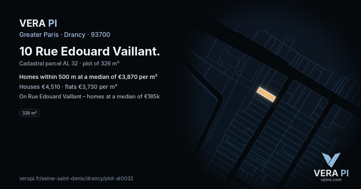 10 Rue Edouard Vaillant, Drancy at night – the plot lit, the parcels around coloured by the prices near them