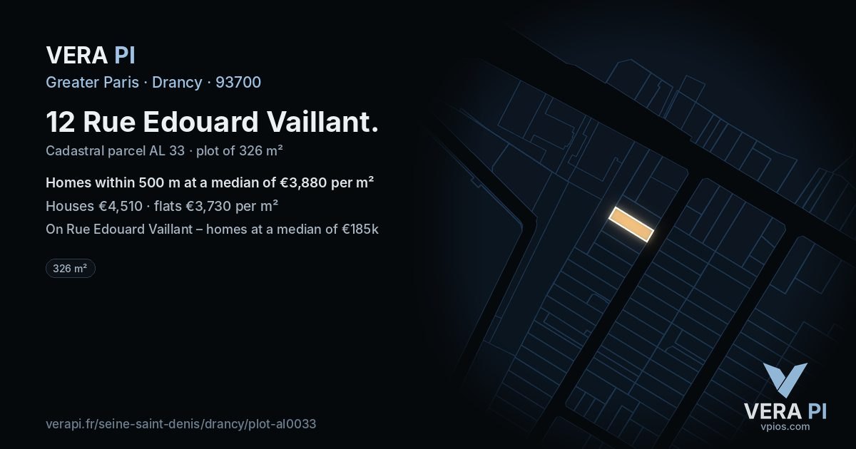 12 Rue Edouard Vaillant, Drancy at night – the plot lit, the parcels around coloured by the prices near them