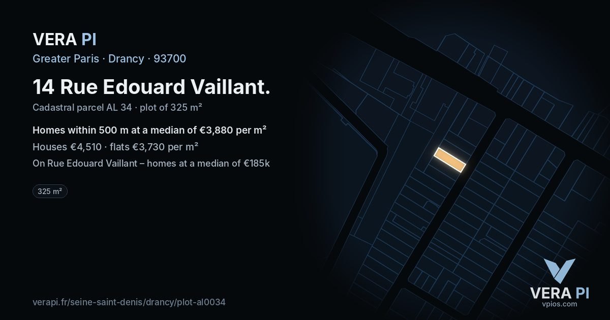 14 Rue Edouard Vaillant, Drancy at night – the plot lit, the parcels around coloured by the prices near them