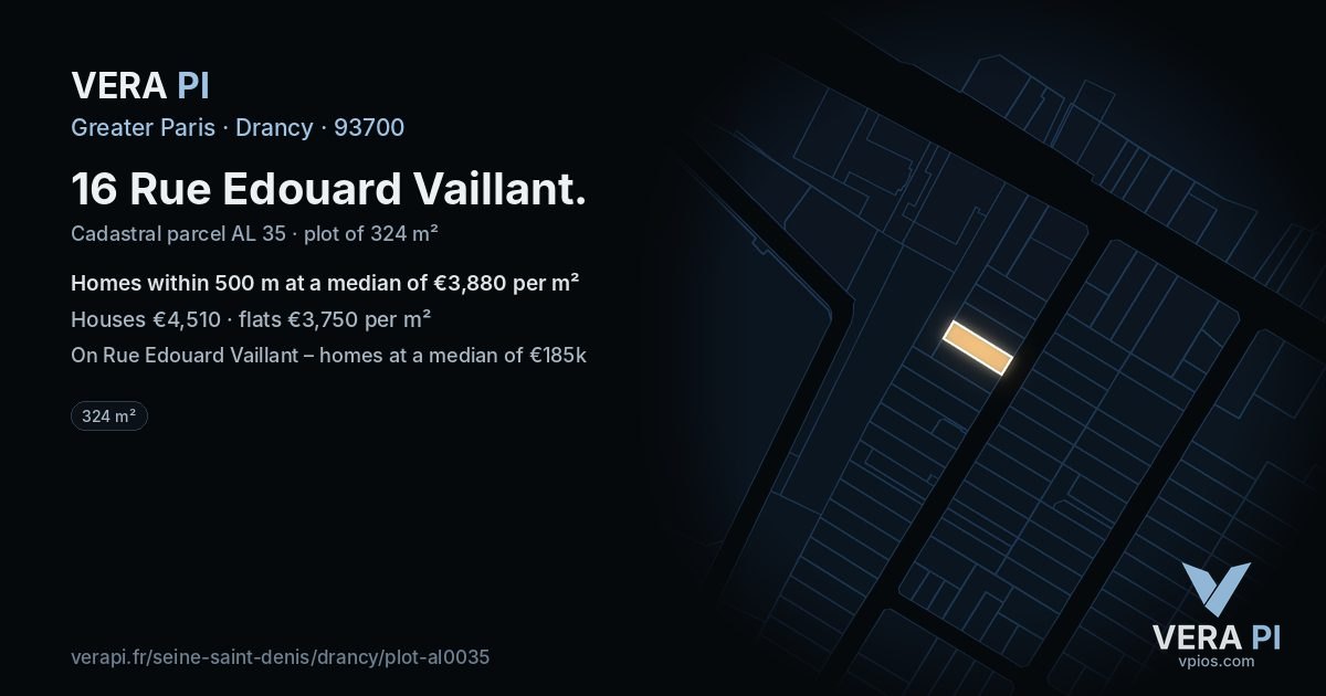 16 Rue Edouard Vaillant, Drancy at night – the plot lit, the parcels around coloured by the prices near them