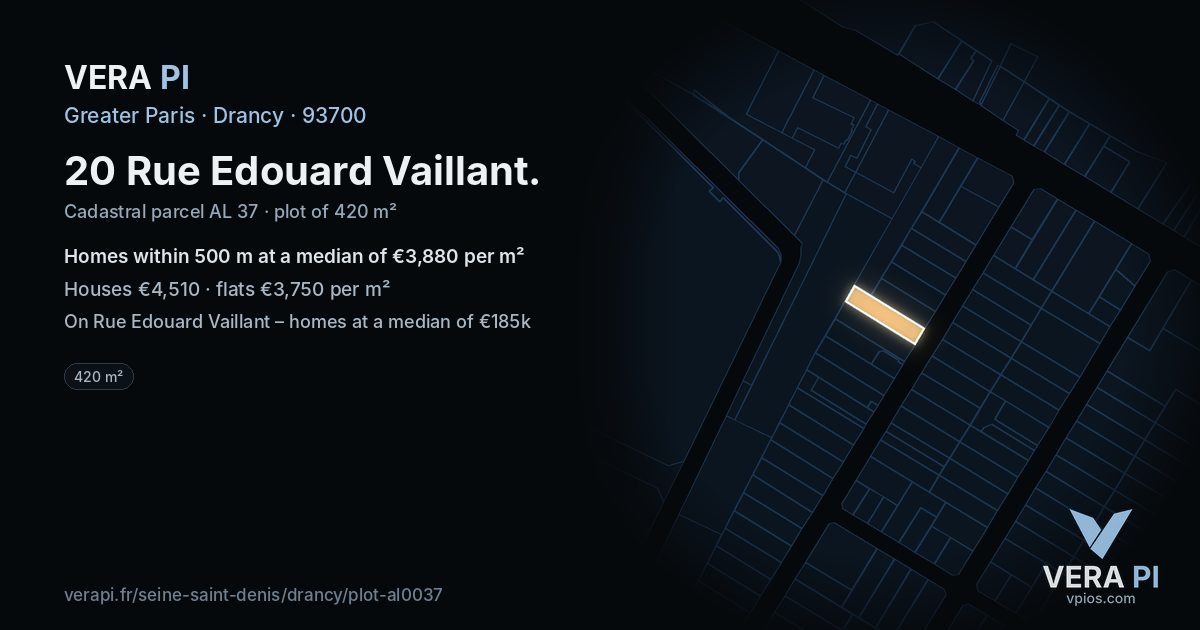 20 Rue Edouard Vaillant, Drancy at night – the plot lit, the parcels around coloured by the prices near them