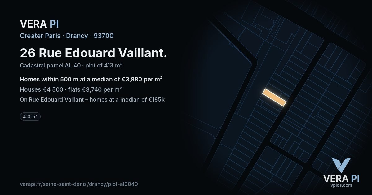 26 Rue Edouard Vaillant, Drancy at night – the plot lit, the parcels around coloured by the prices near them