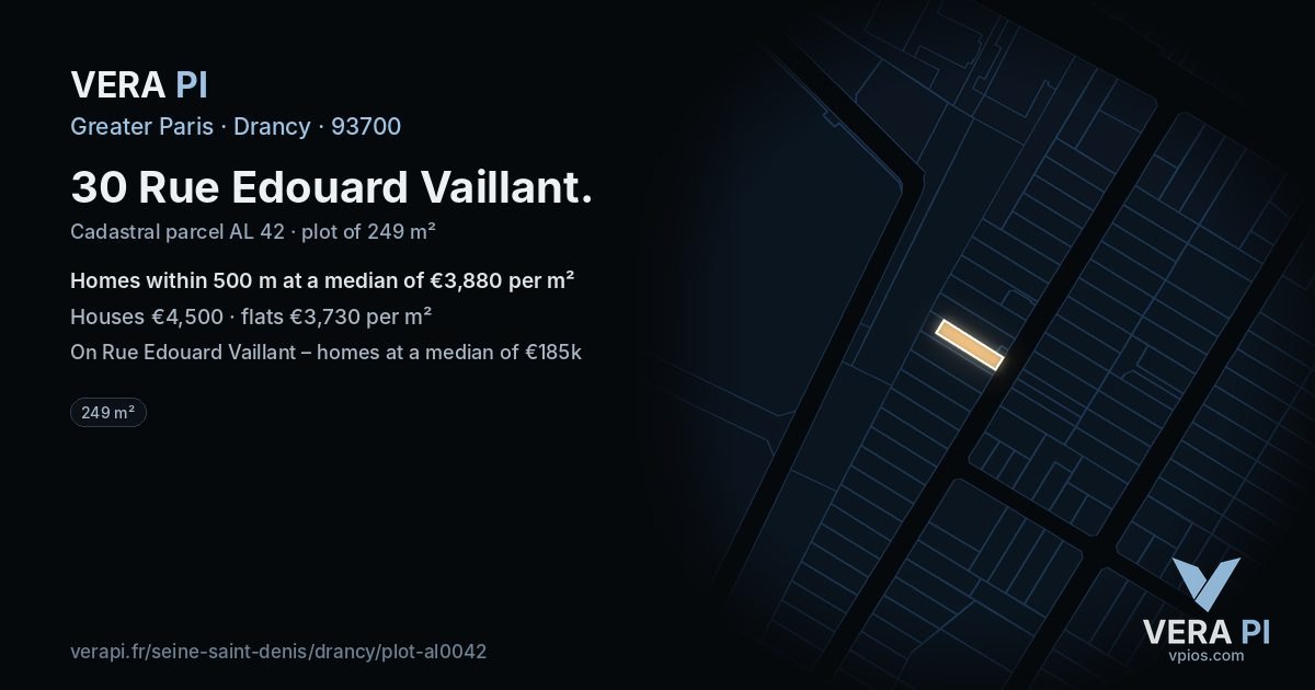 30 Rue Edouard Vaillant, Drancy at night – the plot lit, the parcels around coloured by the prices near them