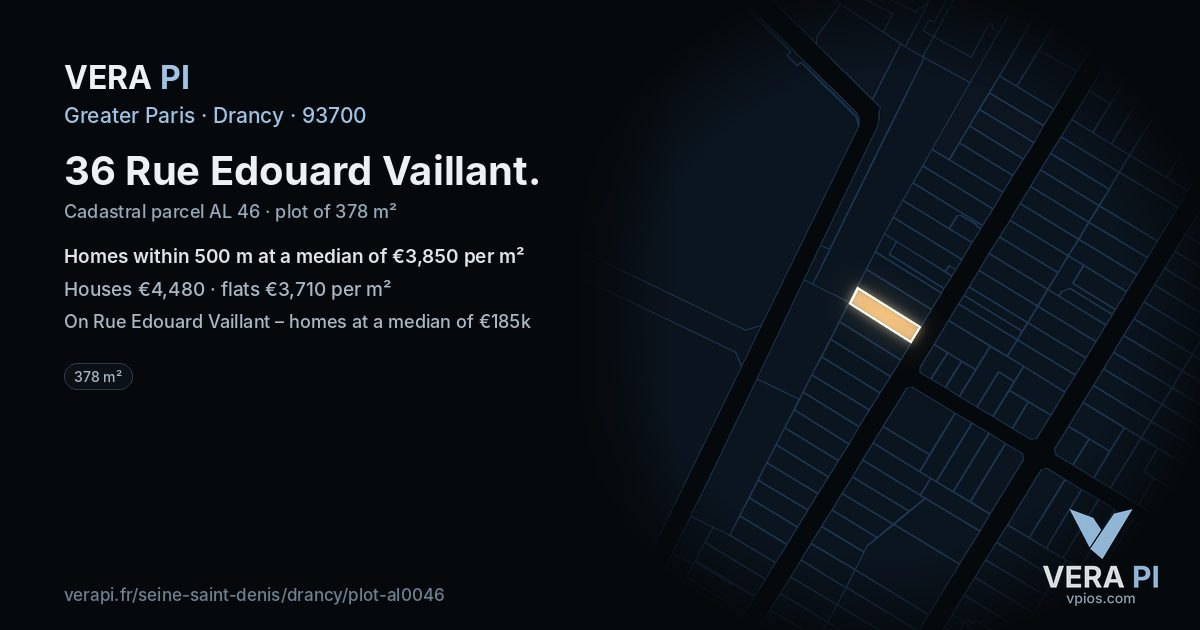 36 Rue Edouard Vaillant, Drancy at night – the plot lit, the parcels around coloured by the prices near them