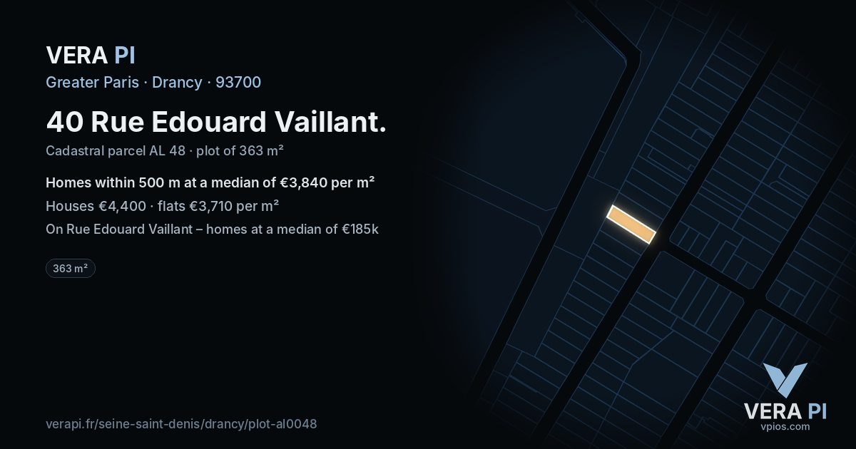 40 Rue Edouard Vaillant, Drancy at night – the plot lit, the parcels around coloured by the prices near them