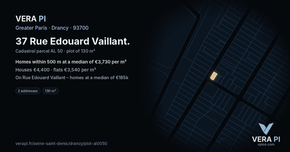 37 Rue Edouard Vaillant, Drancy at night – the plot lit, the parcels around coloured by the prices near them