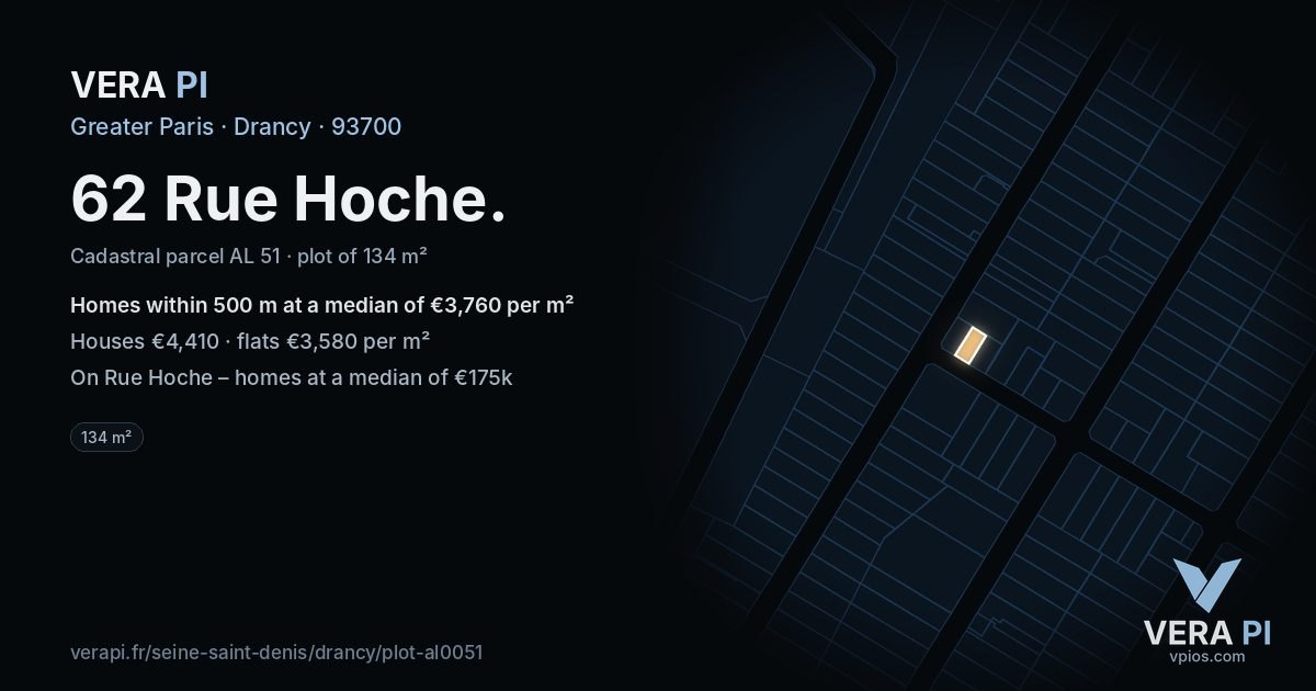 62 Rue Hoche, Drancy at night – the plot lit, the parcels around coloured by the prices near them