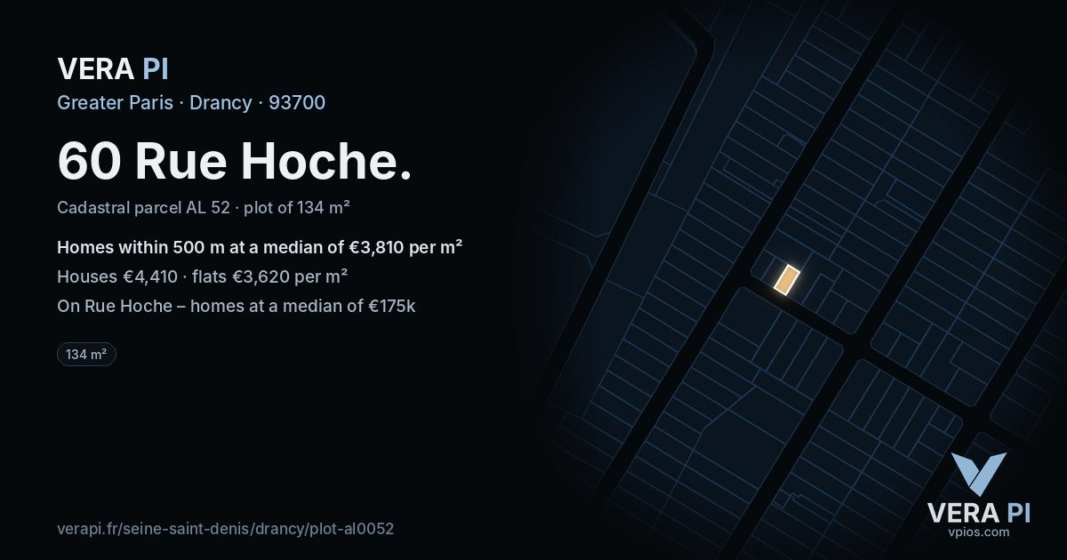 60 Rue Hoche, Drancy at night – the plot lit, the parcels around coloured by the prices near them