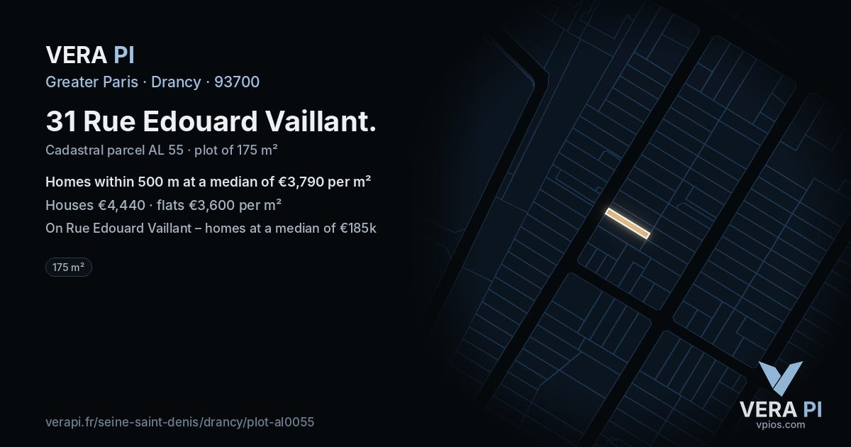 31 Rue Edouard Vaillant, Drancy at night – the plot lit, the parcels around coloured by the prices near them