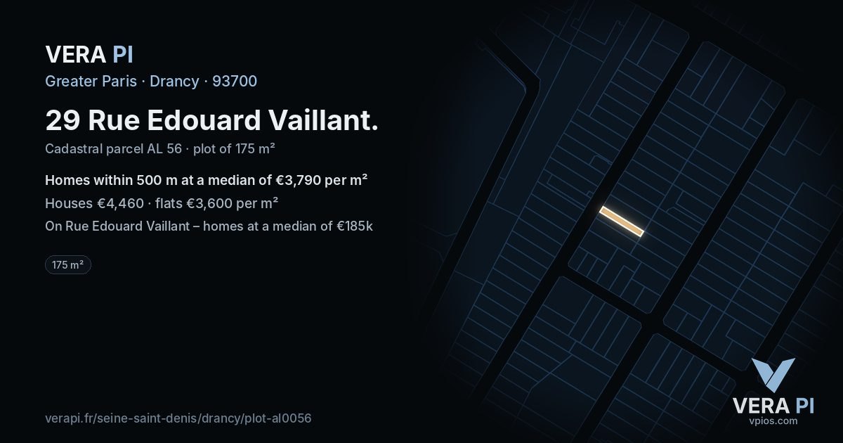 29 Rue Edouard Vaillant, Drancy at night – the plot lit, the parcels around coloured by the prices near them