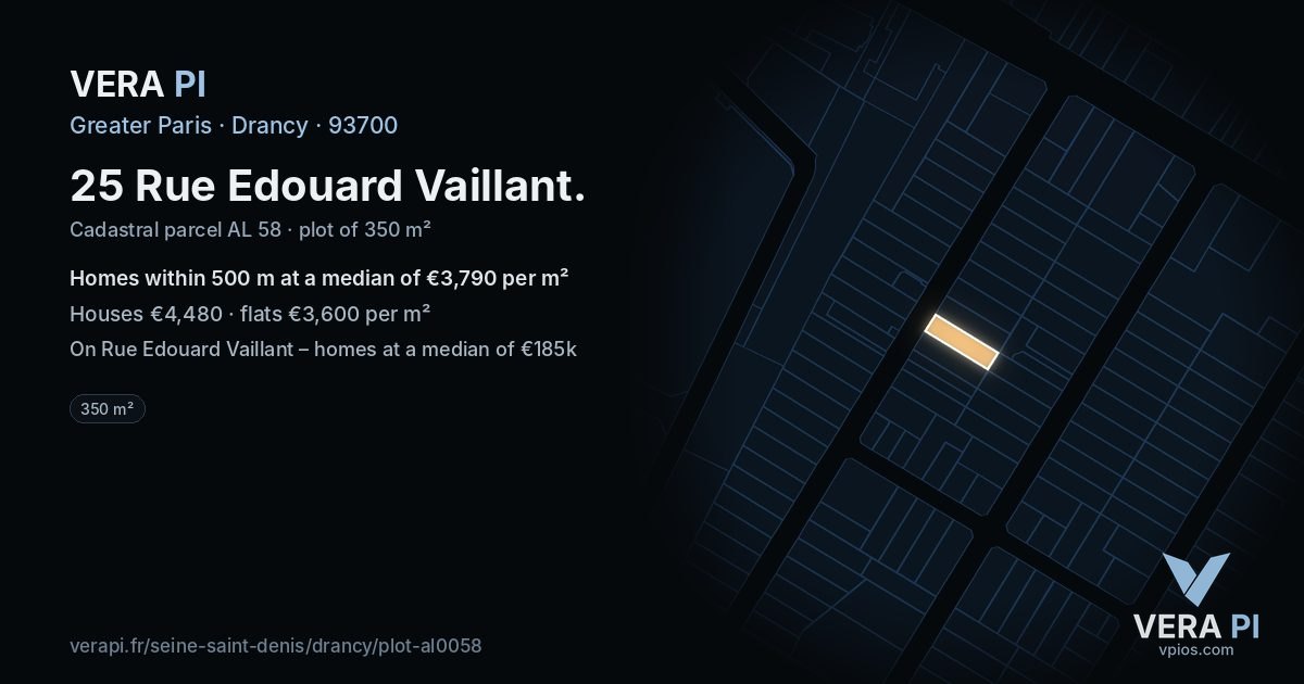 25 Rue Edouard Vaillant, Drancy at night – the plot lit, the parcels around coloured by the prices near them