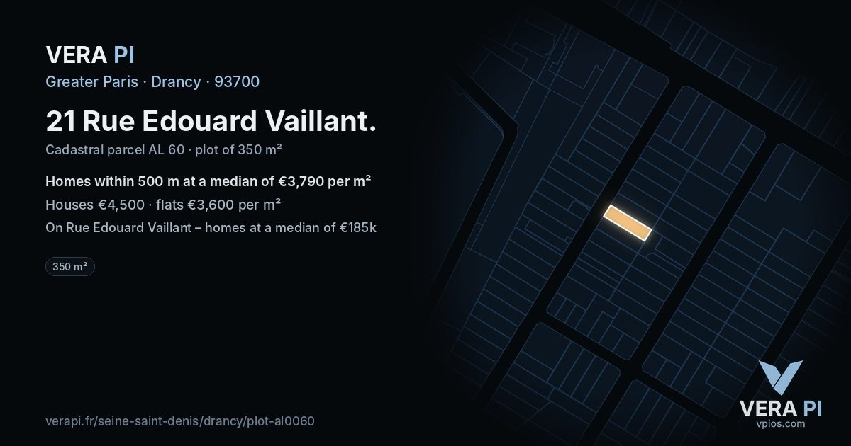 21 Rue Edouard Vaillant, Drancy at night – the plot lit, the parcels around coloured by the prices near them