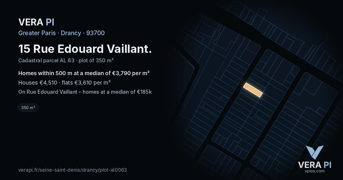 15 Rue Edouard Vaillant, Drancy at night – the plot lit, the parcels around coloured by the prices near them