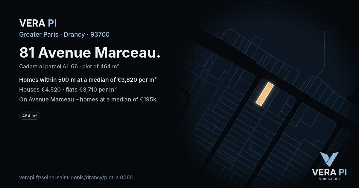 81 Avenue Marceau, Drancy at night – the plot lit, the parcels around coloured by the prices near them