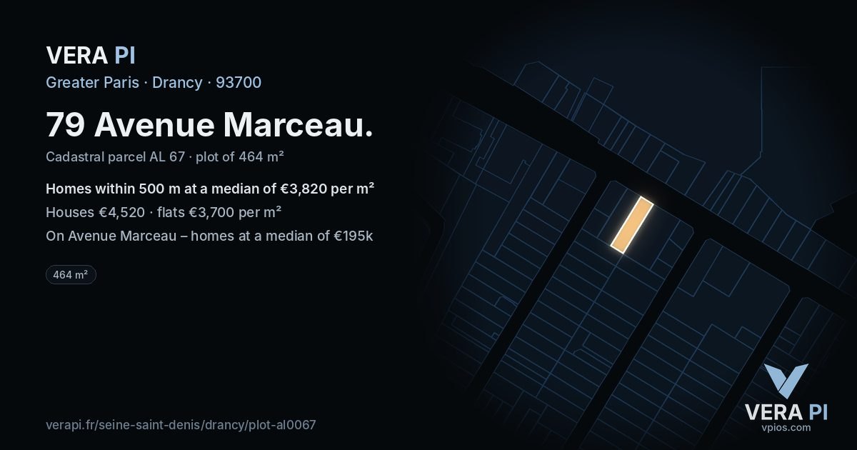 79 Avenue Marceau, Drancy at night – the plot lit, the parcels around coloured by the prices near them