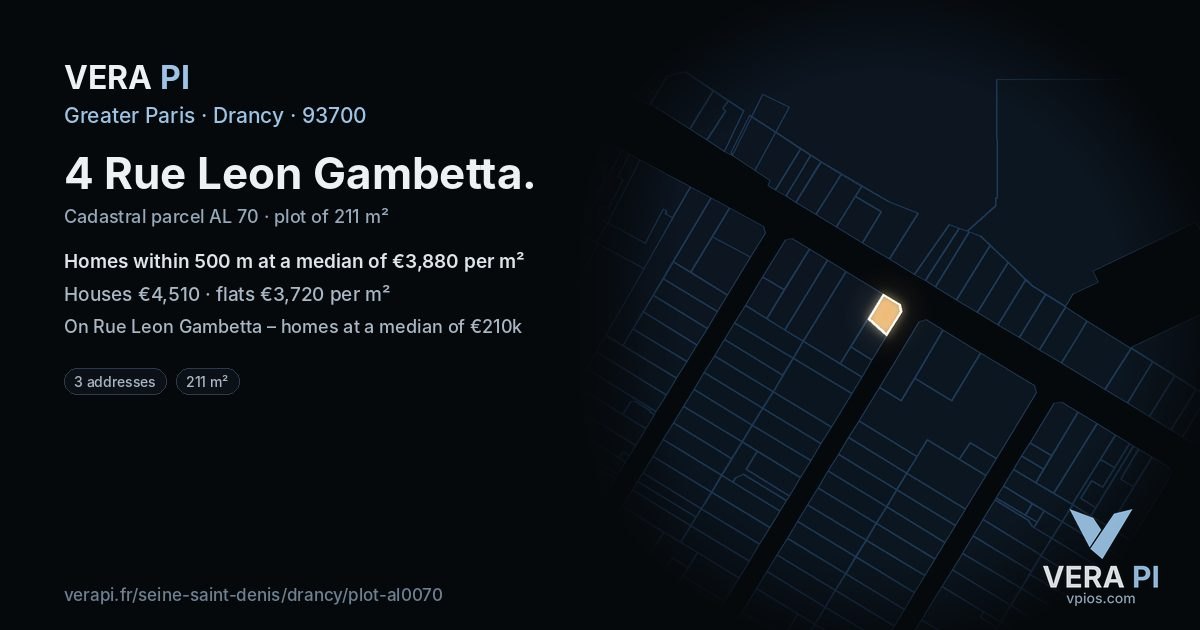 4 Rue Leon Gambetta, Drancy at night – the plot lit, the parcels around coloured by the prices near them