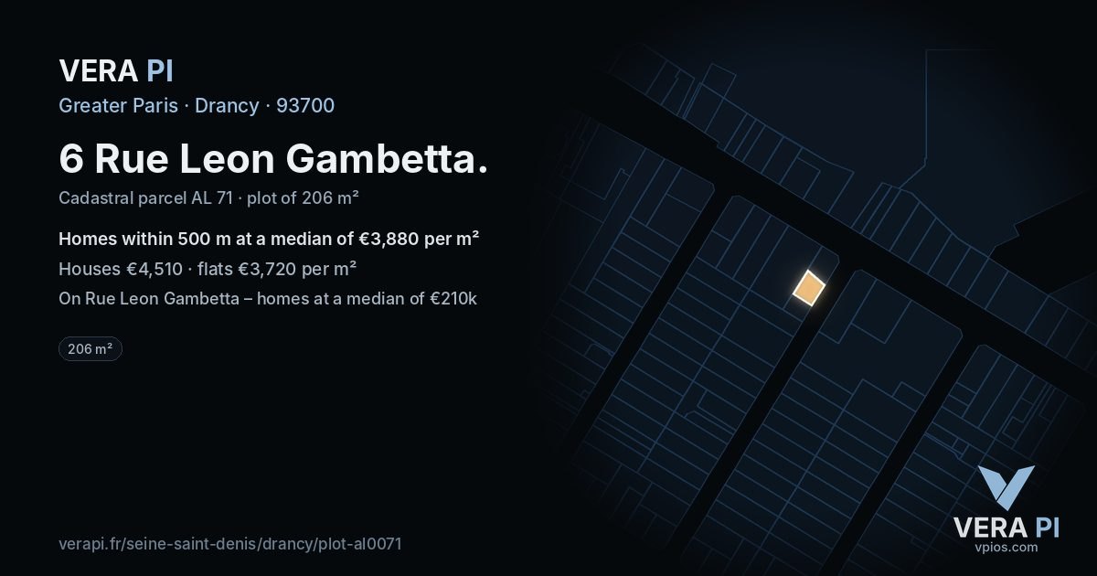 6 Rue Leon Gambetta, Drancy at night – the plot lit, the parcels around coloured by the prices near them