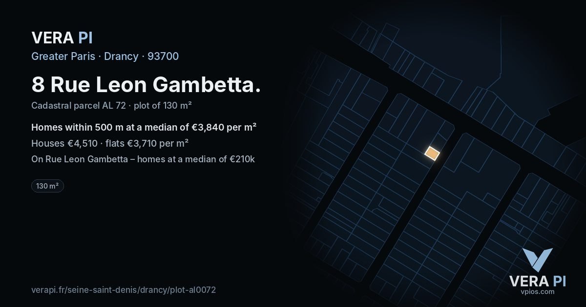 8 Rue Leon Gambetta, Drancy at night – the plot lit, the parcels around coloured by the prices near them