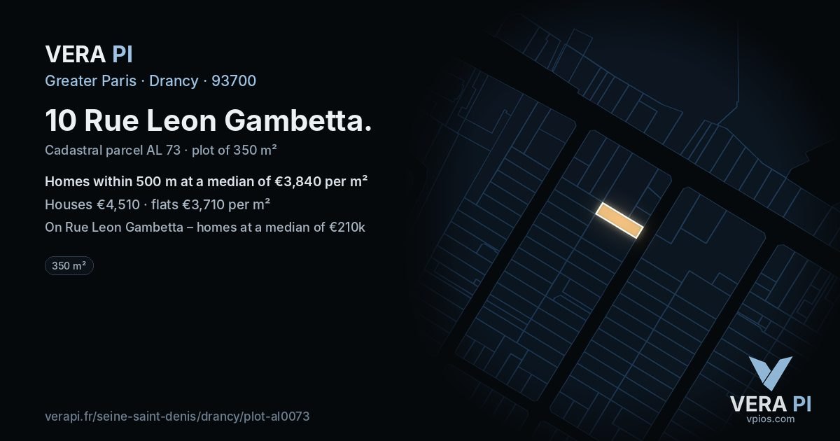 10 Rue Leon Gambetta, Drancy at night – the plot lit, the parcels around coloured by the prices near them