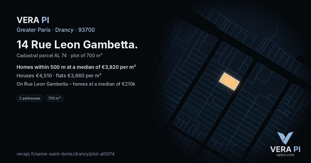 14 Rue Leon Gambetta, Drancy at night – the plot lit, the parcels around coloured by the prices near them