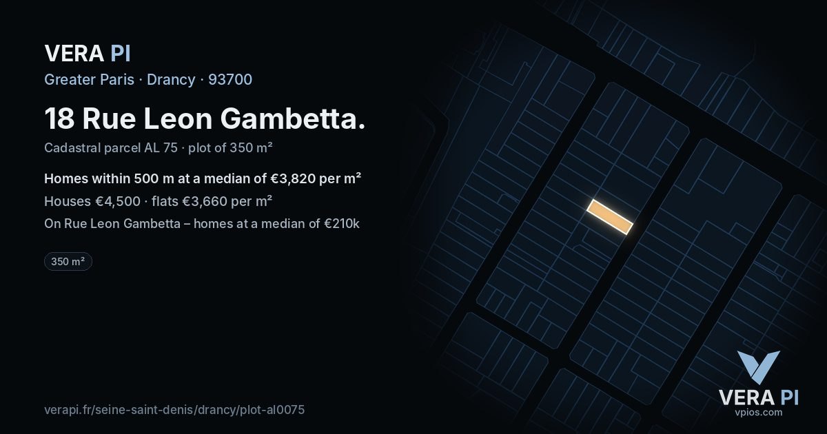 18 Rue Leon Gambetta, Drancy at night – the plot lit, the parcels around coloured by the prices near them