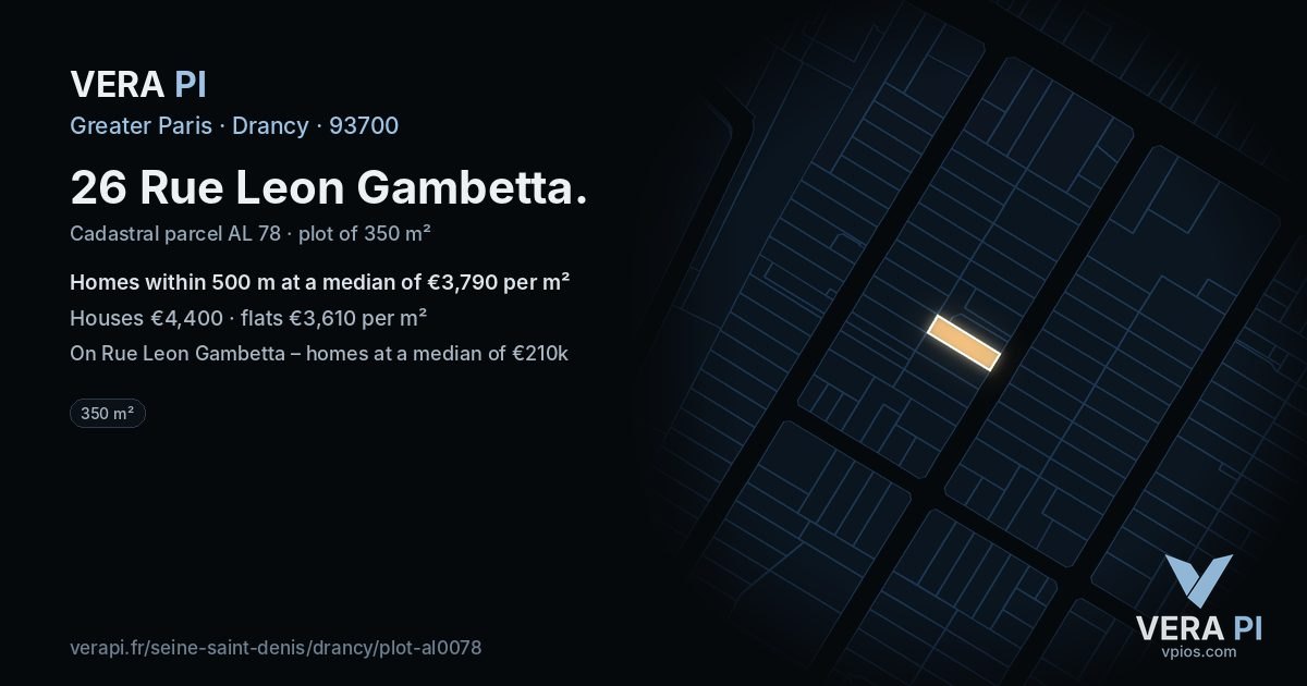 26 Rue Leon Gambetta, Drancy at night – the plot lit, the parcels around coloured by the prices near them