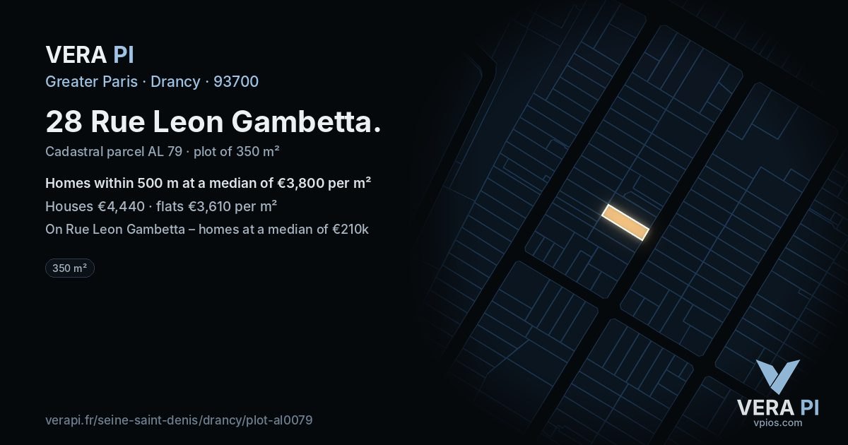 28 Rue Leon Gambetta, Drancy at night – the plot lit, the parcels around coloured by the prices near them