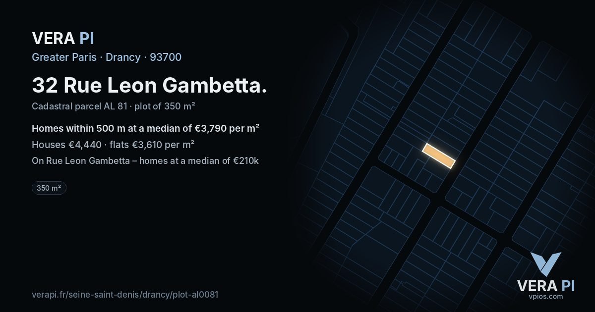 32 Rue Leon Gambetta, Drancy at night – the plot lit, the parcels around coloured by the prices near them