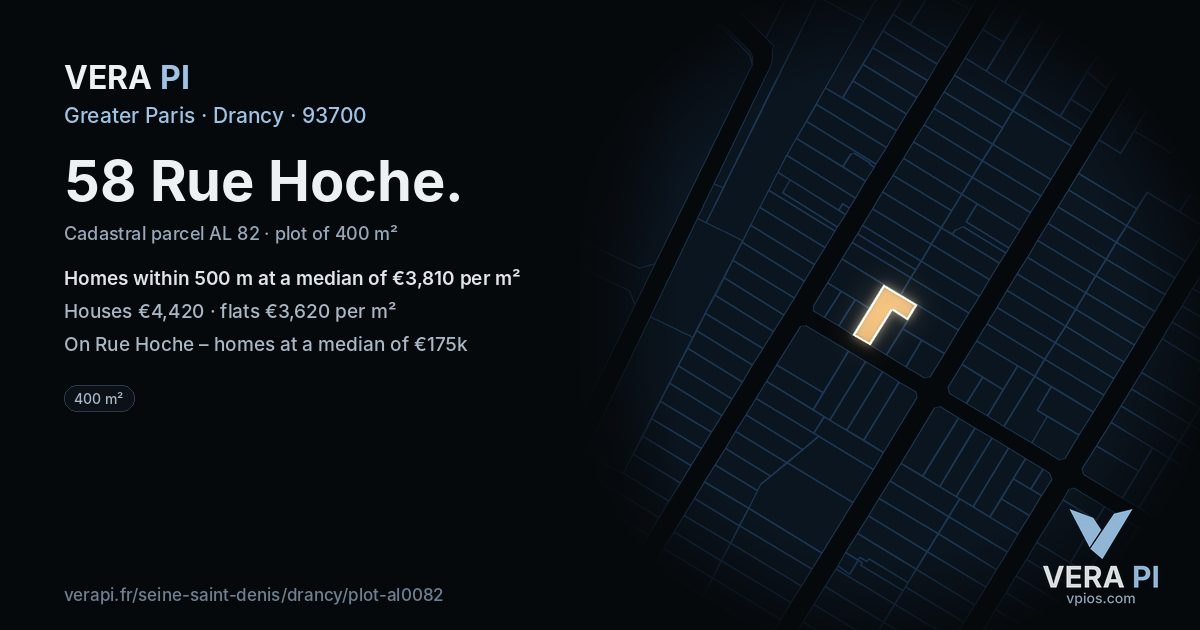58 Rue Hoche, Drancy at night – the plot lit, the parcels around coloured by the prices near them