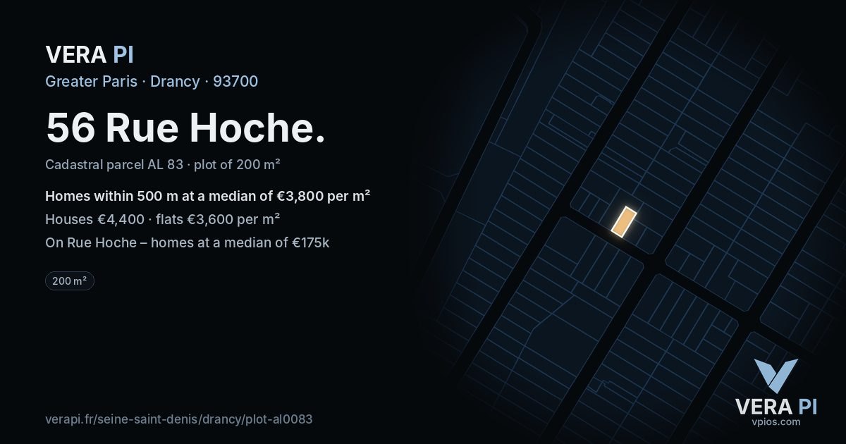56 Rue Hoche, Drancy at night – the plot lit, the parcels around coloured by the prices near them