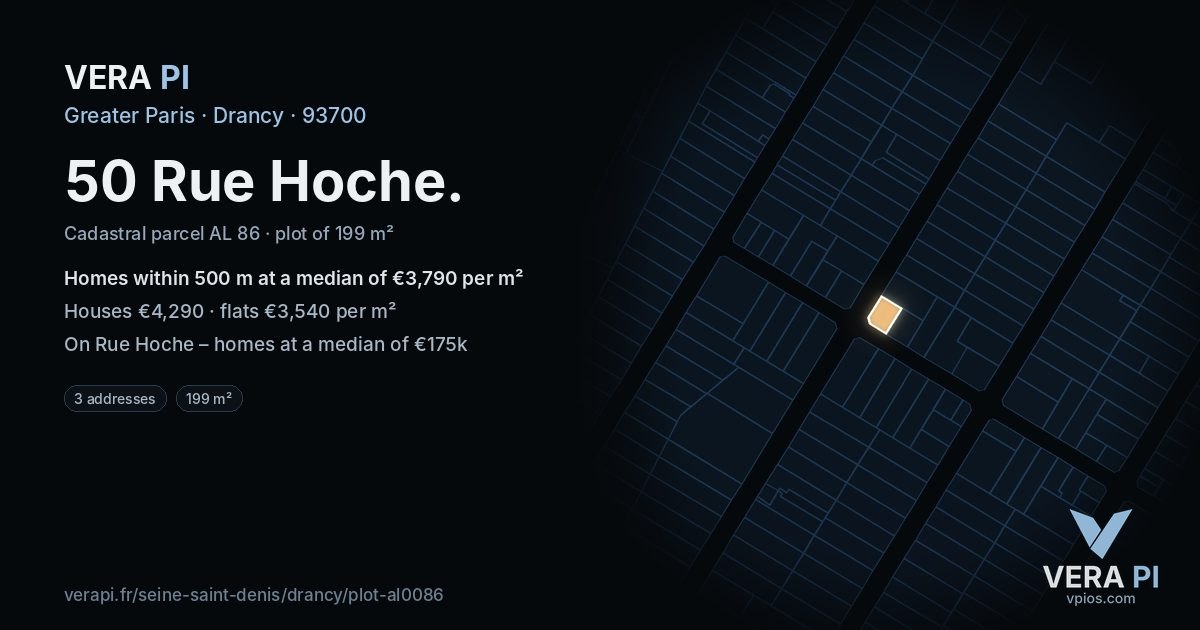 50 Rue Hoche, Drancy at night – the plot lit, the parcels around coloured by the prices near them