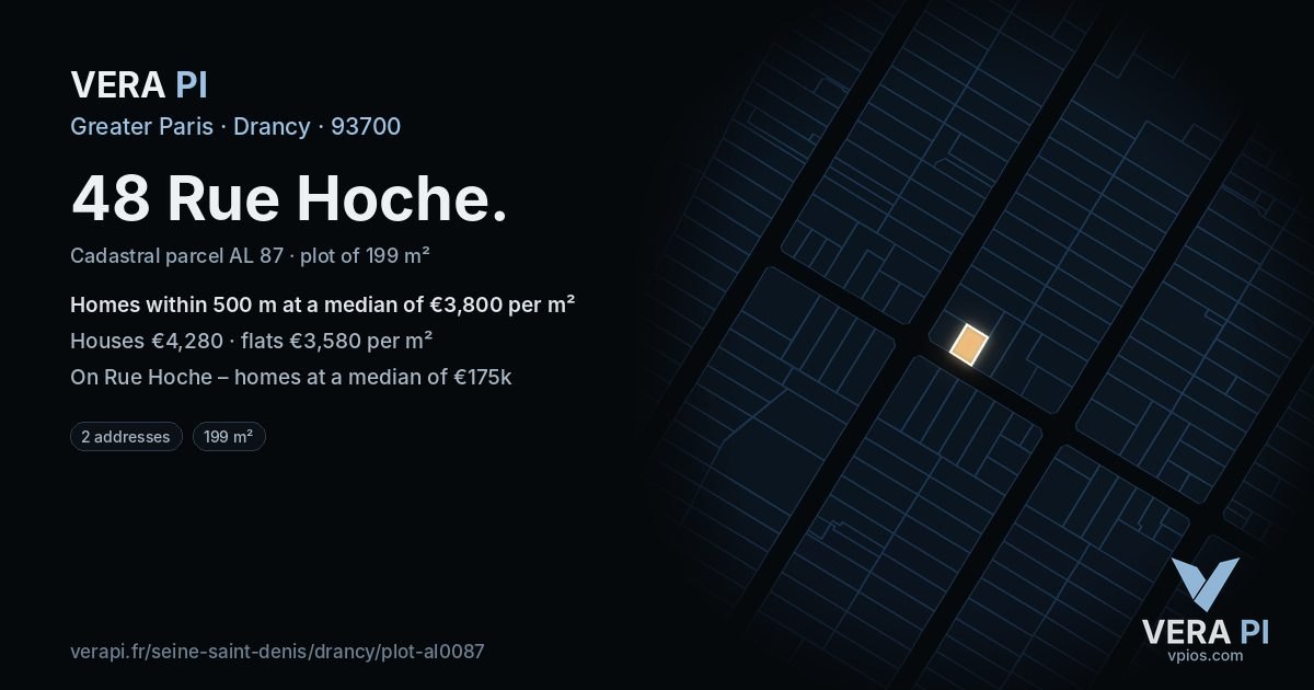 48 Rue Hoche, Drancy at night – the plot lit, the parcels around coloured by the prices near them
