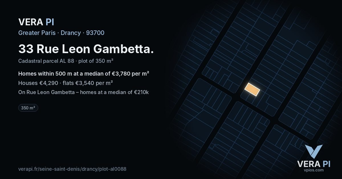 33 Rue Leon Gambetta, Drancy at night – the plot lit, the parcels around coloured by the prices near them